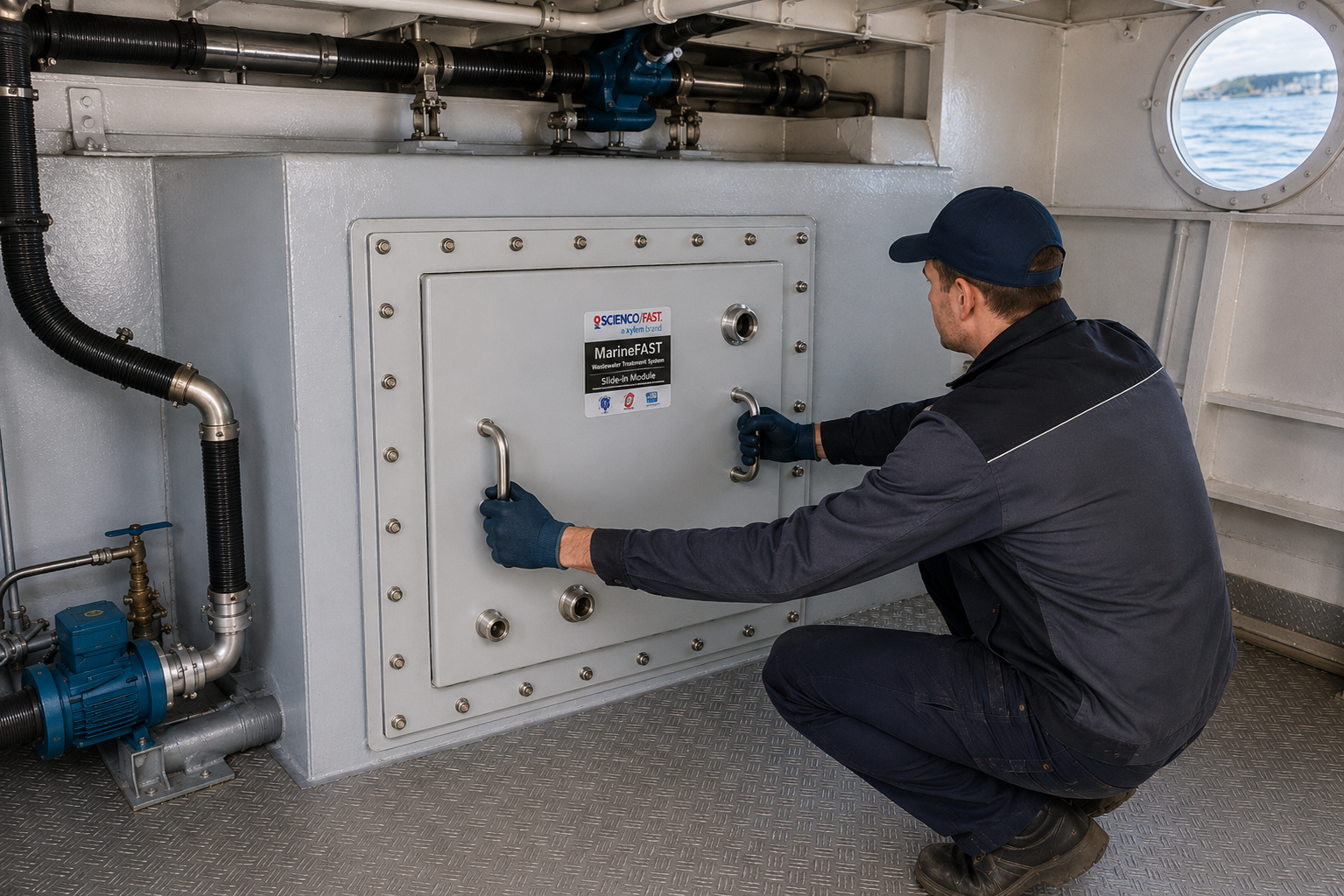 MarineFAST Slide-In porte fermée avec technicien devant la trappe