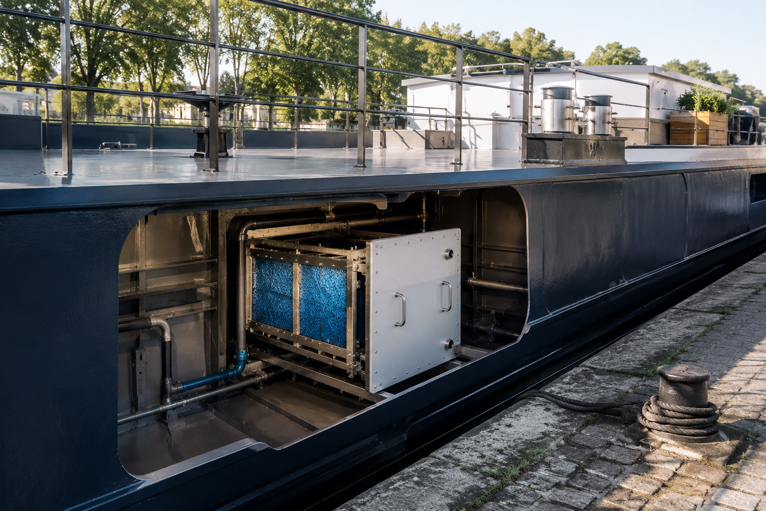 MarineFAST Slide-In intégré dans la coque d'une péniche professionnelle