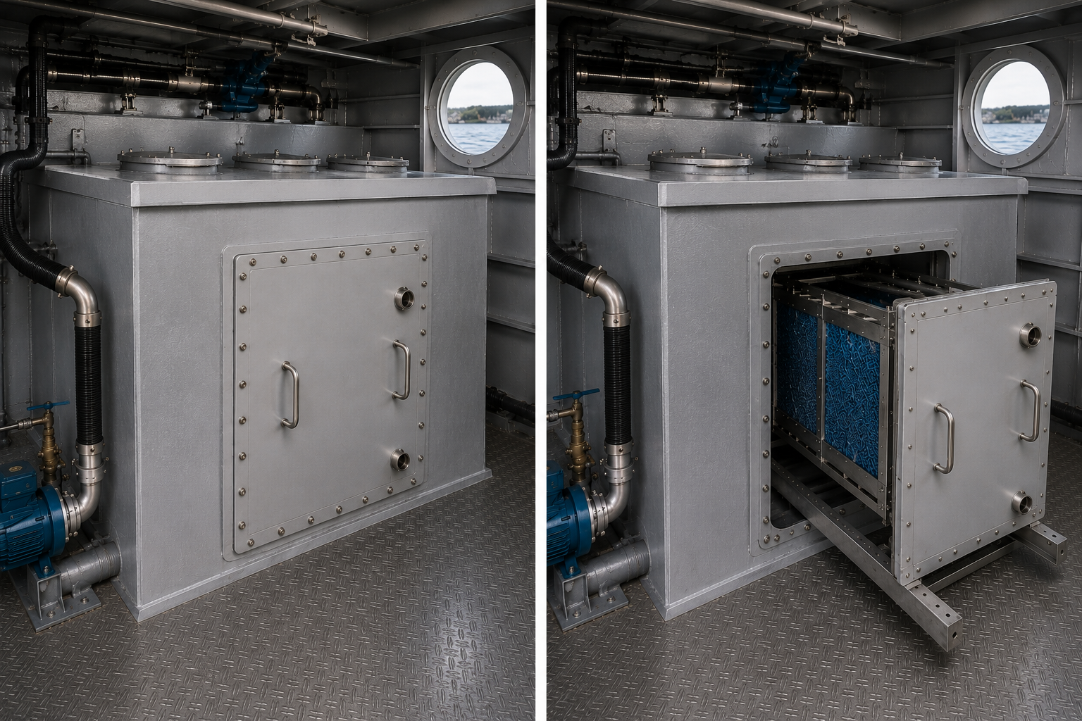 Avant après MarineFAST Slide-In conversion d'une cuve passive en station de traitement embarquée